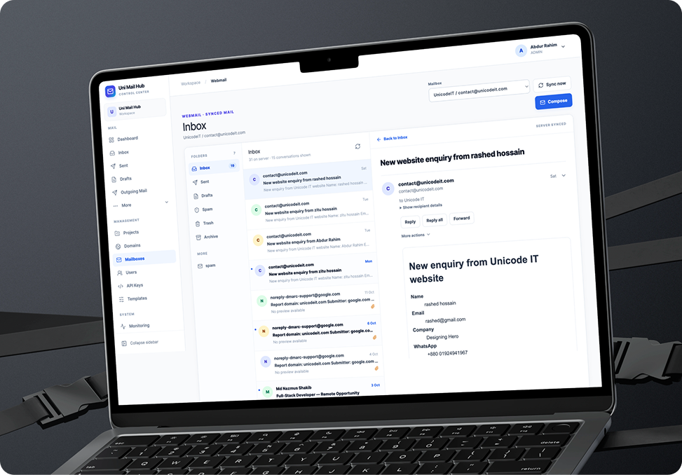 Uni Mail Hub webmail inbox and message view